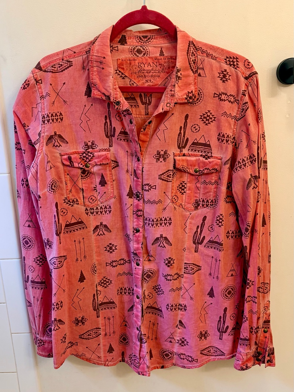 RYAN MICHAEL southwestern Aztec print button down shirt pink XL